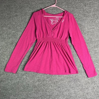 Volcom Babydoll Top Large Y2K Pink Long Sleeve Hooded Smocked Waist V Neck - Image 1 of 4