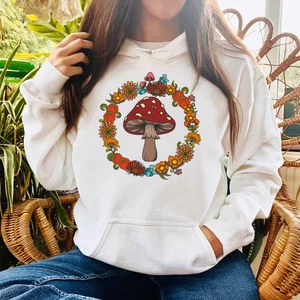 Sudadera con Capucha Hippie Floral Champiñón, Estilo Boho Años 60 70 Top, Flor Retro - Imagen 1 de 9