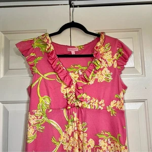 Vestido Lilly Pulitzer Claire Mezcla Seda Queen Anne Estampado de Encaje Talla Mediana Cuello en V - Imagen 1 de 8