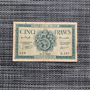 1942 Algeria 5 Francs Original WWII French Currency Banknote Paper Money WW2 - Picture 1 of 4