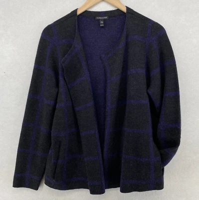 EILEEN FISHER Cardigan PM Merino Wool Windowpane Open Front Double Knit Gray - Image 1 of 4