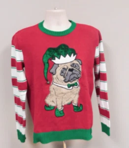 Ugly Christmas Sweater Red Green Striped Sleeve Pug Dog Elf Holiday Knit Small - Picture 1 of 4
