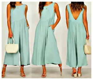 Women's V Neck Back Mint Green Loose Crop Wide-Leg Rompers Playsuit Jumpsuit XL - Picture 1 of 2