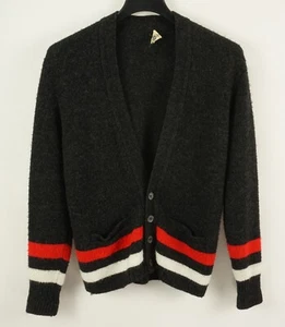 Vintage 1950s Sears Pilgrim Band Stripe Charcoal Cardigan Sweater Mens Medium US - Picture 1 of 11