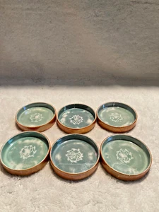 6 Keramik Grün & Orange Untersetzer Blumendesign 2 3/4" Quer Japan - Bild 1 von 5