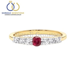 Natural Ruby & Diamond Band Ring 14k Solid Gold Fine Jewelry Gift For Women'S - Picture 1 of 6