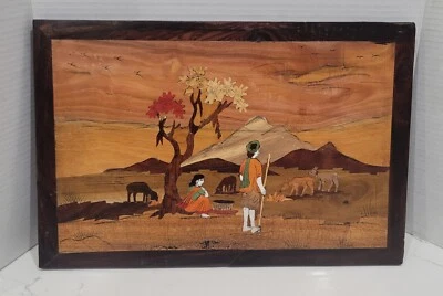 Vintage Wood Plaque Wall Art India Countryside Landscape  — 第 1/4 张图片