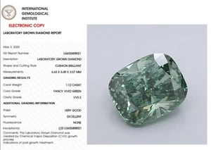 1.12 CT Cushion Modified Lab Grown Diamond For Ring IGI Fancy Vivid Green VVS2 - Picture 1 of 9