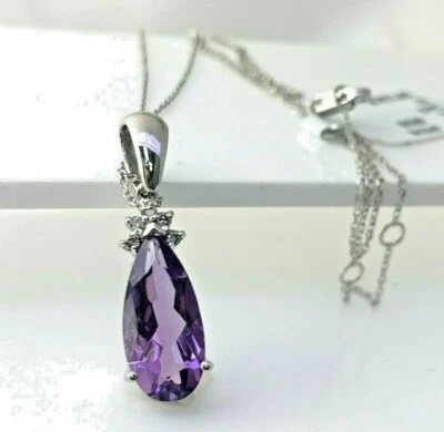 Collar colgante de diamantes y amatista en forma de pera de oro blanco macizo de 10 k Foto 1 de 4