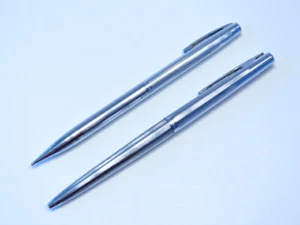 SHEAFFER Chrome White Dot unmatched Ribbed Ballpoint Pen Pencil Set No box VTG - Picture 1 of 9