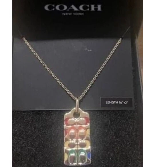 Coach Logo Quilted Signature C Dog Tag Pendant Necklace Gold Tone Rainbow