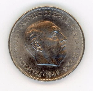 Spain España 5 Pesetas 1949 49 on star Franco KM 778 XF+ - Picture 1 of 3