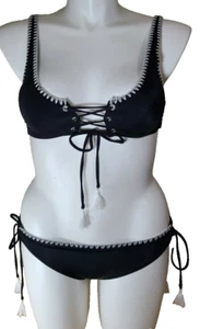 NEW Adore Me Women's 2 Piece Bikini Swimsuit Set Black/White Stitching Lace Up S - Picture 1 of 13