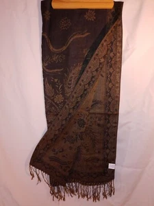 Pashmina Shawl/Wrap/Scarf 70x27 Brown Copper Orange Black Tassels Silk Thai - Picture 1 of 4
