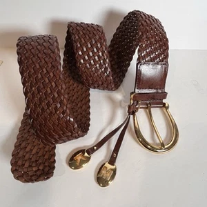 Cintura Michael Kors in pelle intrecciata donna XL marrone intrecciato oro fibbia ottone charms - Foto 1 di 14
