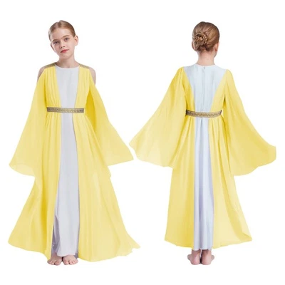 Girls Ancient Greek Toga Dress Robe with Golden Embroidery Party Fancy Dress Up - Image 1 of 4