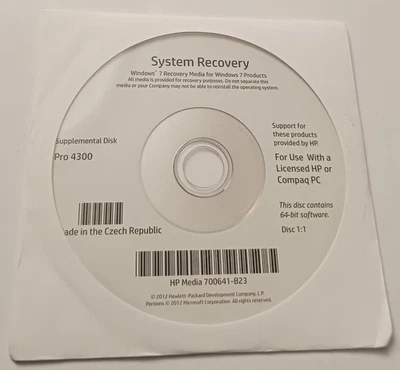 HP Pro 4300 Windows 7 64-bit Recovery Media Supplemental Disc 1:1 PN: 700641-B23 - Image 1 of 2