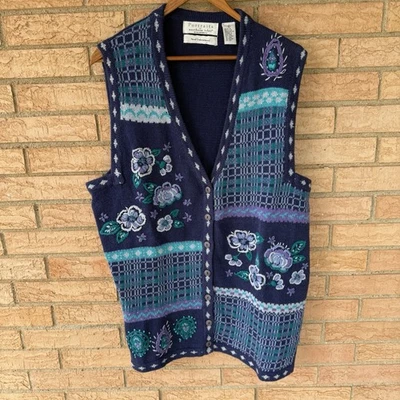 Chaleco Suéter Portraits by Northern Isles Mujer XL Floral Bordado Abotonado Foto 1 de 4