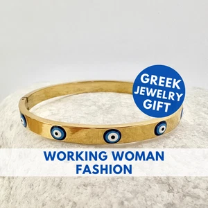 Gold Cuff Evil Eye Bracelet Blue Enamel Protection Good Luck Jewelry Gift - Picture 1 of 5
