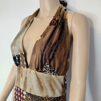 Sheike Dress Womens Tribal Open Back Halter Neck Maxi Brown Gold Aline Sz 12 Mes - image 1 of 4