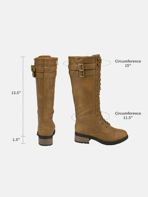 Women Knee High Riding Boots Low Heel Faux Fur Lined Zipper Lace Up Combat Boots - Image 1 of 2