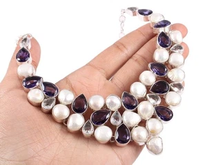 Pearl & Amethyst Gemstone 925 Sterling Silver Jewelry Necklace Size-17-18" - Picture 1 of 3