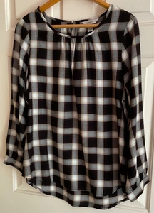 CJ BANKS Blouse Top Size X (14W) Black Tan Plaid Hi-Low Long Sleeve NWT-$55 - Picture 1 of 8