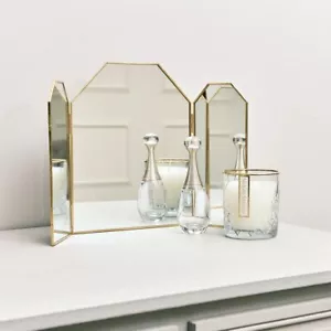 Pequeño Tocador Triple Dorado Espejo Tocador Espejo Regalo Hogar Decoración Metálico - Imagen 1 de 4