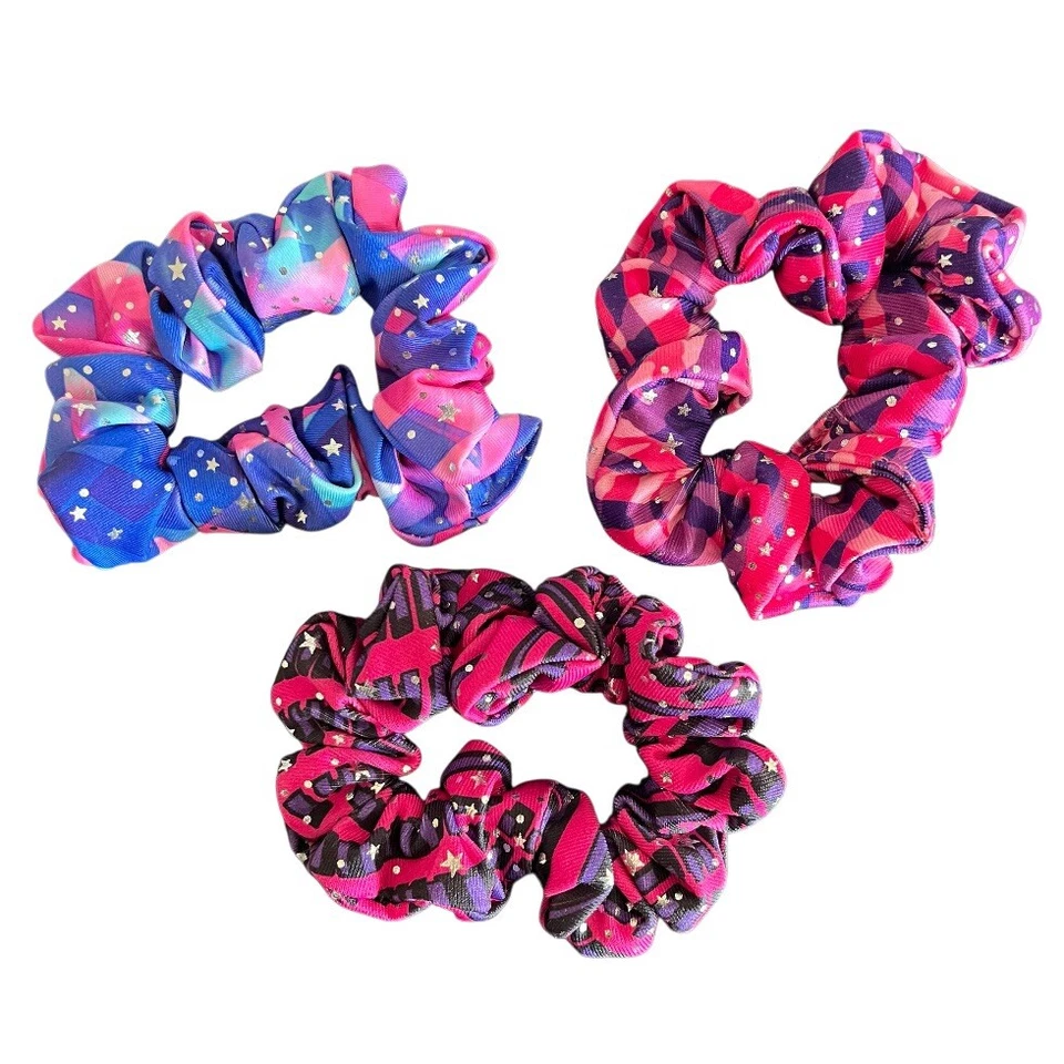 Gymnastics Dance Cheer Scrunchies Hair Accessories Purple Pink Silver Foil Stars - Image 1 of 1