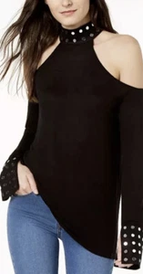 Michael Michael Kors Mirror-Embellished Cold-Shoulder Top Large Black NWT $110 - Picture 1 of 8