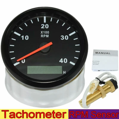 85mm Marine Tachometer Boat Tacho Gauge 0-4000RPM LCD Hour Meter with RPM Sensor - Image 1 of 4