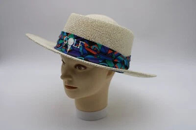 Sombrero de golf de paja de Panamá blanco con tela colorida - Hecho en EE. UU. - OSFA - Años 80 Foto 1 de 4