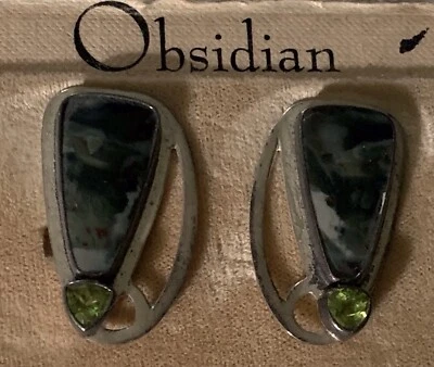 Pendientes de clip vintage OBSIDIANA de plata esterlina peridoto verde 1984 Foto 1 de 4