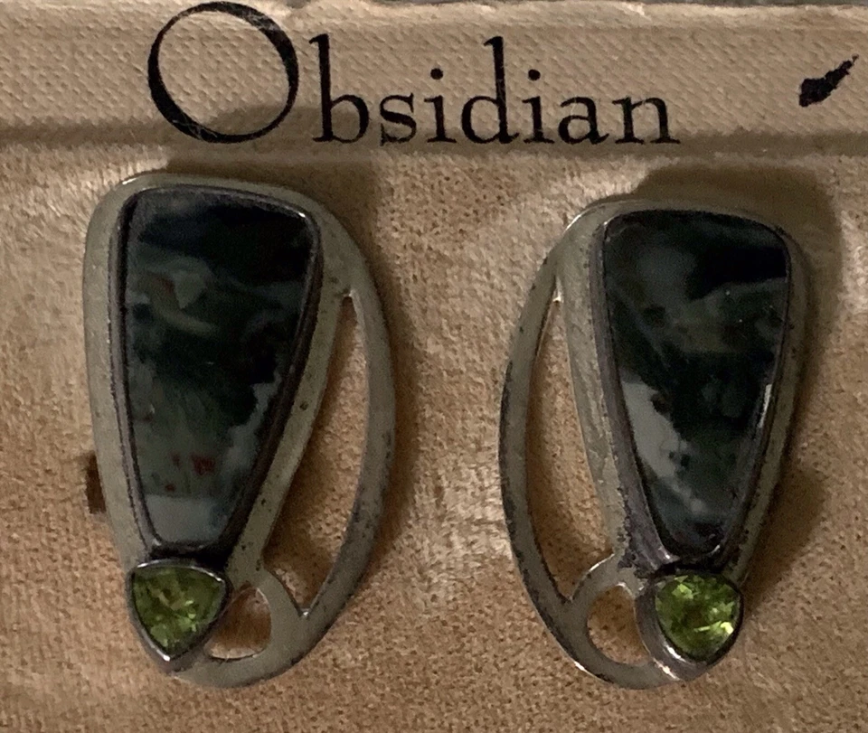 Vintage OBSIDIAN Sterling Silver Peridot Green Clip On Earrings 1984 - Image 1 of 4