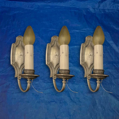 Set Of Three 3 antique Heavy Nickel wall sconces Nice 4M Cover