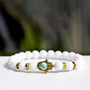 Charm Women Gold Hamsa Hand of Fatima White Lava Stone Beads Man Lucky Bracelets - Picture 1 of 8