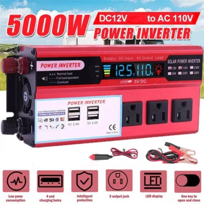 5000W Car Power Inverter DC 12V To AC 110V Pure Sine Wave Solar 4 USB Converter - Image 1 of 4