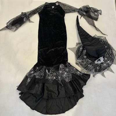 Chasing Fireflies Wishcraft Costume Black Spiderweb Witch Dress & Hat Girls 10 - Image 1 of 4