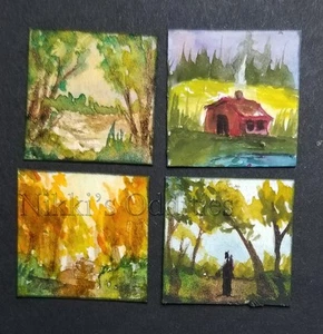 OOAK 1:12 Miniature Dollhouse Real 4 watercolors Painting landscape house Nikki - Picture 1 of 1