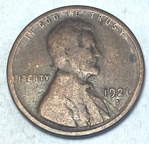 1921-S LINCOLN PENNY - ONE CENT - LAMINATION CRACK ON HEAD & ABOVE - ERROR - Picture 1 of 2