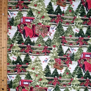 Susan Winget Christmas Red Truck Fabric-Pine Trees & Fence Quilt Cotton 44x2 Yd - Picture 1 of 14