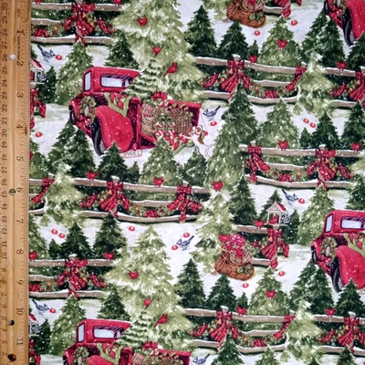 Susan Winget Christmas Red Truck Fabric-Pine Trees & Fence Quilt Cotton 44x2 Yd - Image 1 of 4