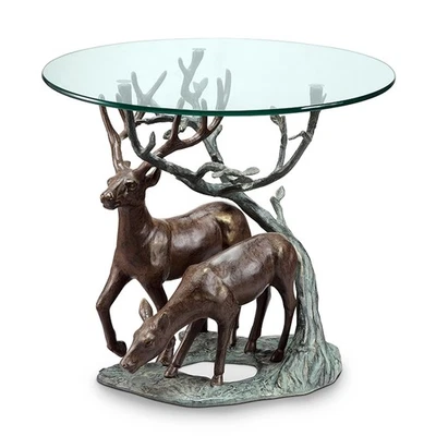 Aluminum Glass Deer Pair End Table 24 Inch Diameter - Image 1 of 3