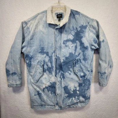 Men's Forever 21  Blue Bleached Denim Coat Jacket Sherpa Lined Size Large - Image 1 of 4