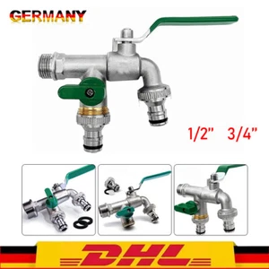 Garten Doppel Wasserhahn 1/2, 3/4 Zoll Anschluss Kugelhahn Messing Auslaufhahn - Bild 1 von 12