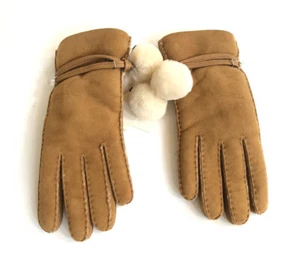 UGG SHEEPSKIN BRITA POM POM CRYSTAL CHESTNUT SUEDE GLOVES sz L - NWT - Picture 1 of 6