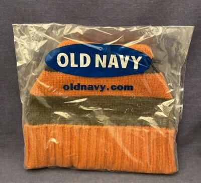 Sealed Vtg Old Navy Winter Hat Stripe Knit Cap Orange Green Beanie Lambswool - Image 1 of 4
