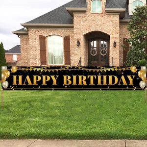 Large Black Gold Happy Birthday Banner Sign 9.8x1.6Ft Party Decoration Supplies - Picture 1 of 12