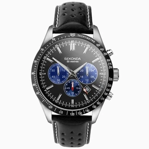 Reloj Sekonda Velocity cronógrafo para hombre correa de cuero negro esfera negra 30069 - Imagen 1 de 5