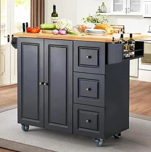 Drop-Leaf Kitchen Island Trolley Cart Wood Storage Cabinet with Spice Towel Rack - Picture 1 of 8